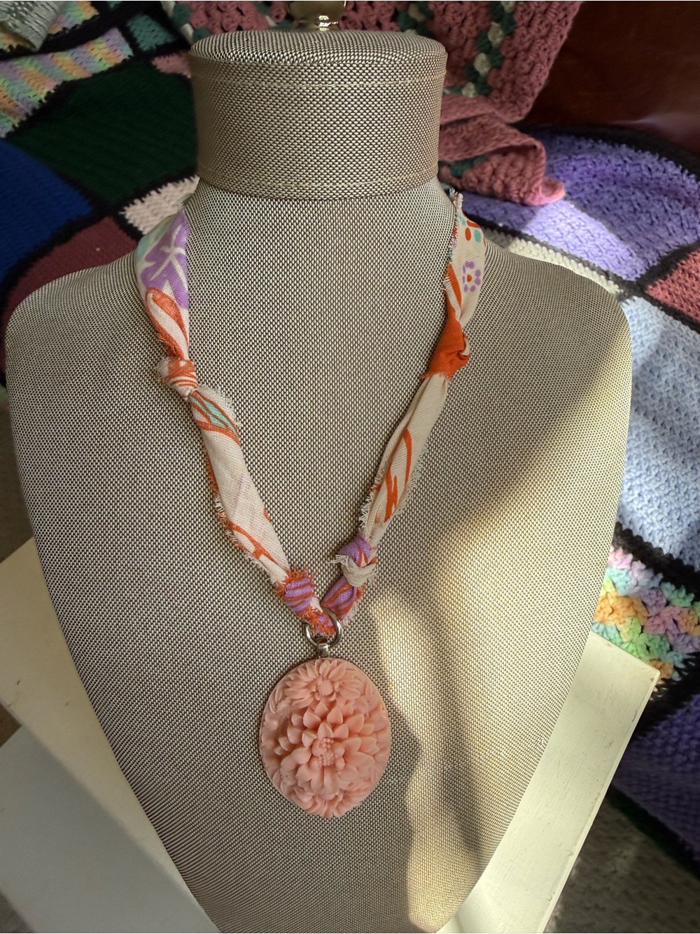Handmade Floral Carved Pendant Necklace in Peach Pink by